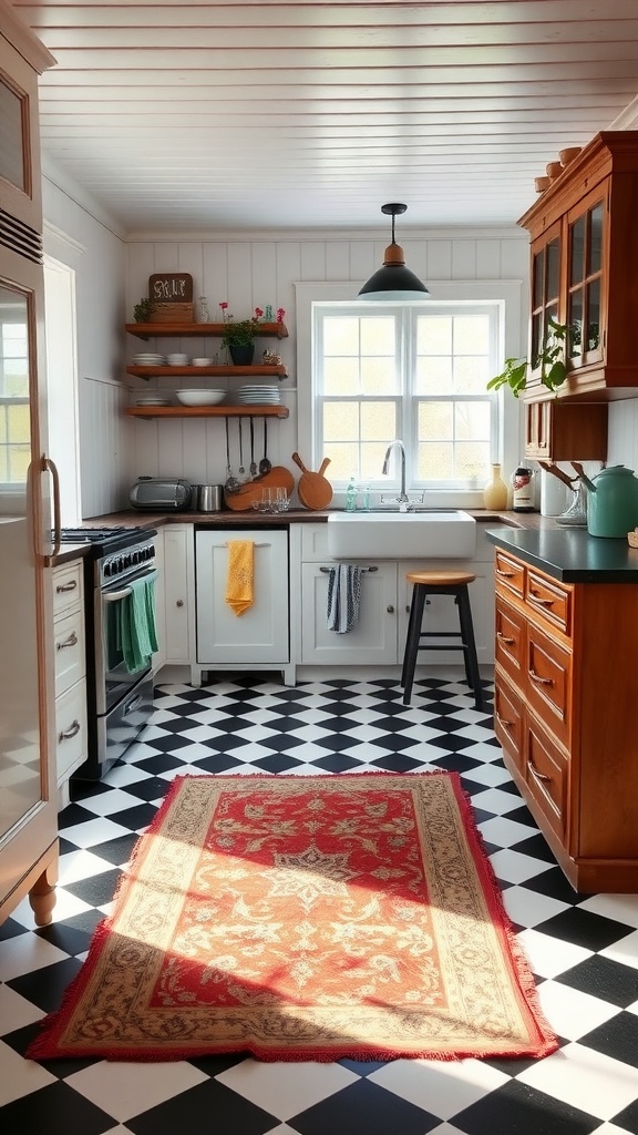 A country farmhouse kitchen featuring classic black and white checkerboard flooring with wooden cabinets and a red area rug.