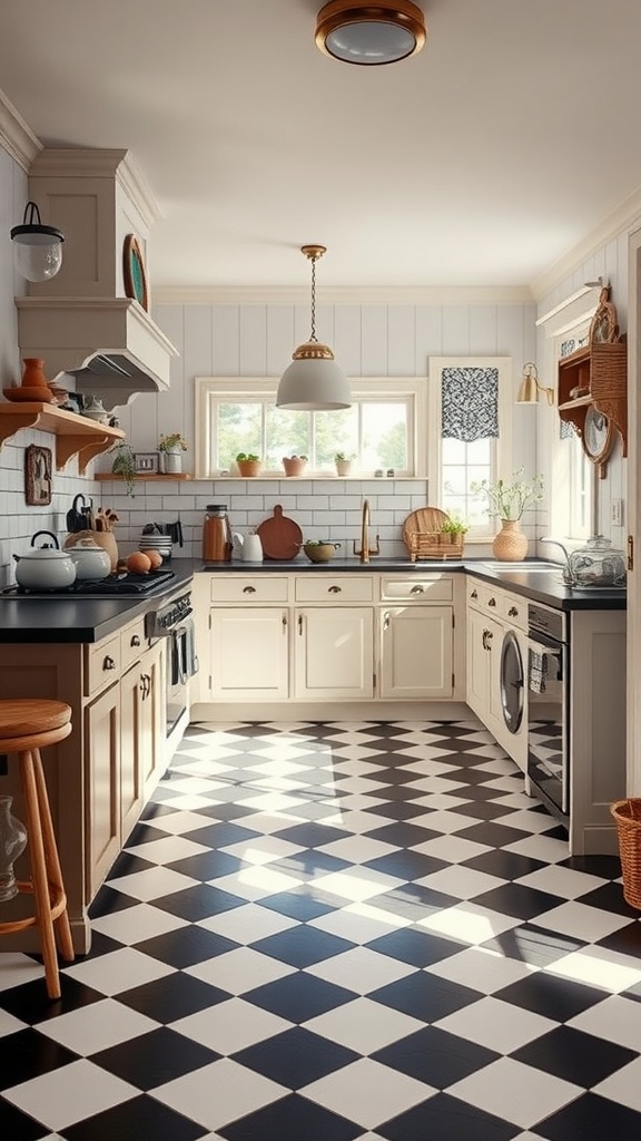 A vintage farmhouse kitchen featuring a classic black and white checkered floor, warm-toned cabinets, and natural light streaming in.