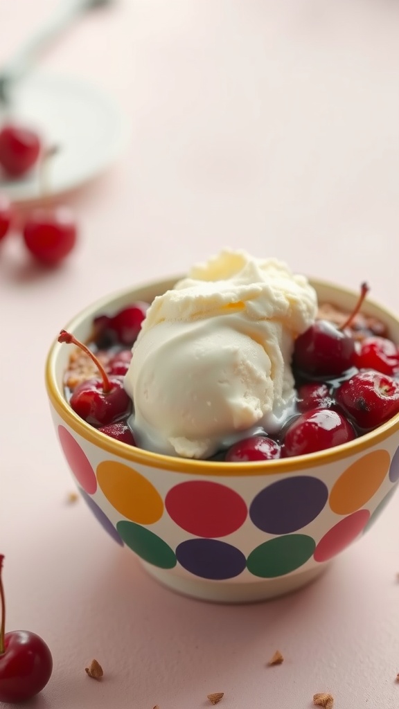 A colorful bowl filled with cherry dump cake topped with a scoop of ice cream.