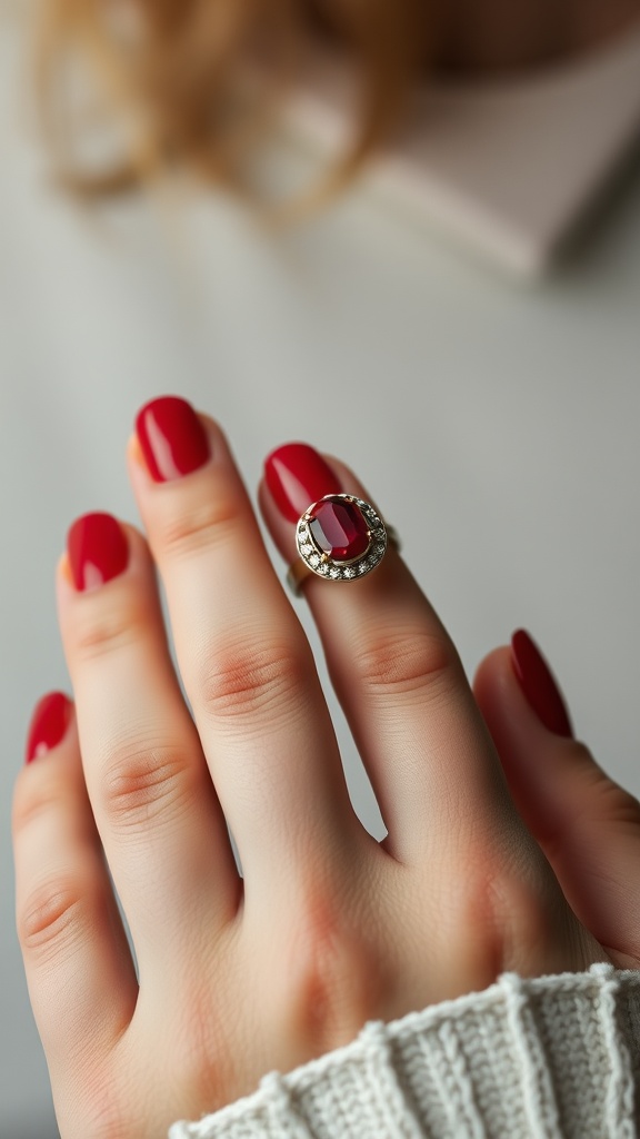 A close-up of a hand with cherry red nails, wearing a decorative ring, against a soft background.