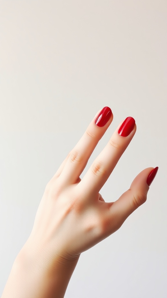 A hand displaying glossy cherry red nails against a soft background.