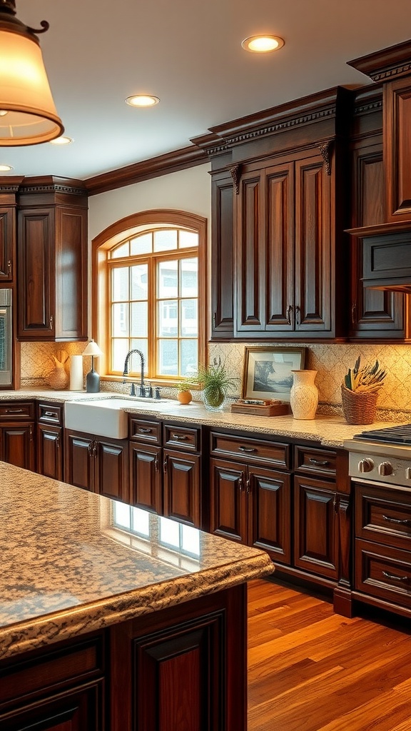 A beautifully designed kitchen featuring classic cherry wood cabinets, a light granite countertop, and warm lighting.