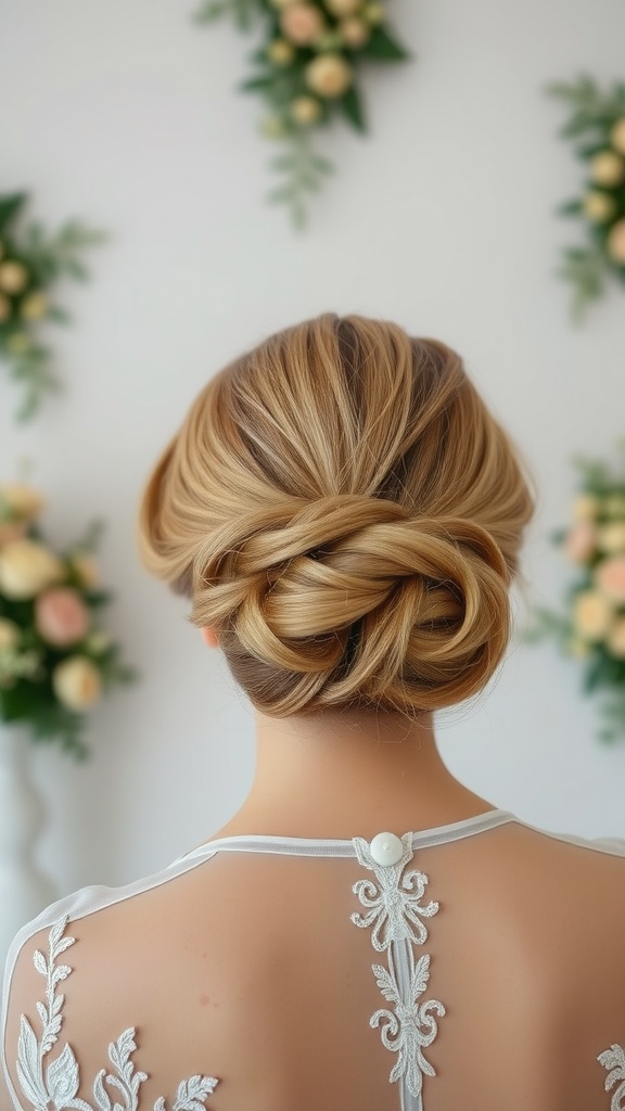 A rear view of a classic chignon hairstyle, showcasing a smooth bun with twists, set against a backdrop of floral decorations.