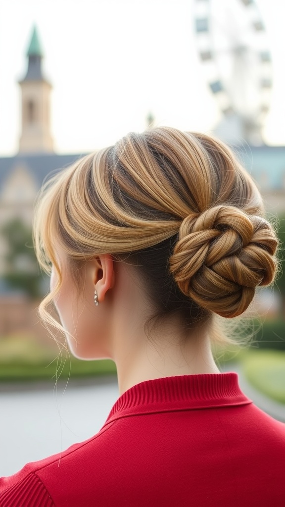 A woman with a classic chignon hairstyle, featuring soft waves and a low bun, set against a scenic backdrop.