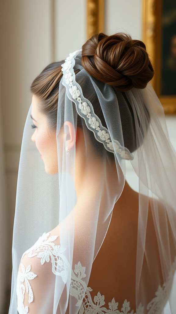Bride with a classic chignon hairstyle and a vintage veil
