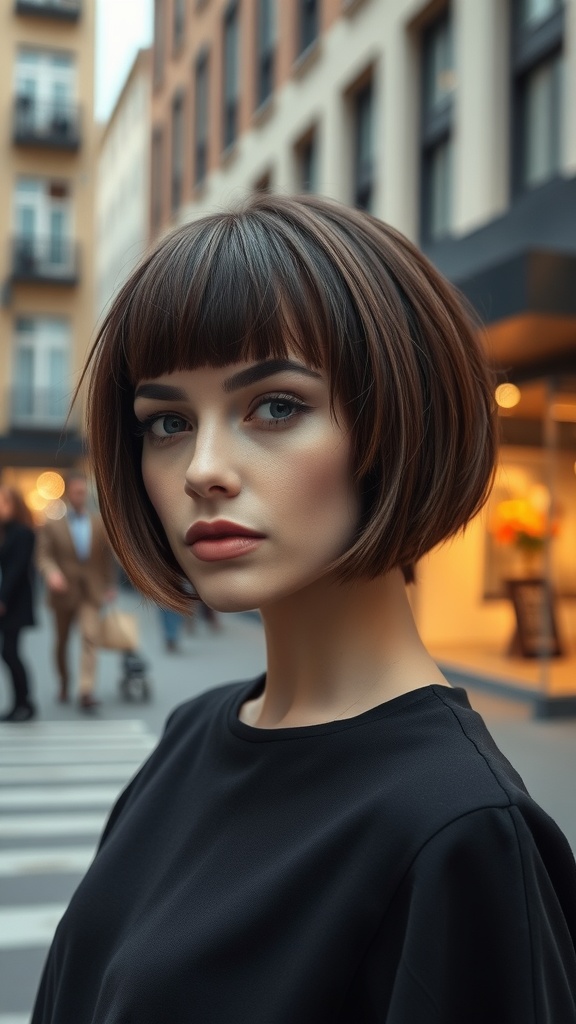 A woman with a classic chin-length bob hairstyle, featuring smooth lines and bangs, standing in a street setting.