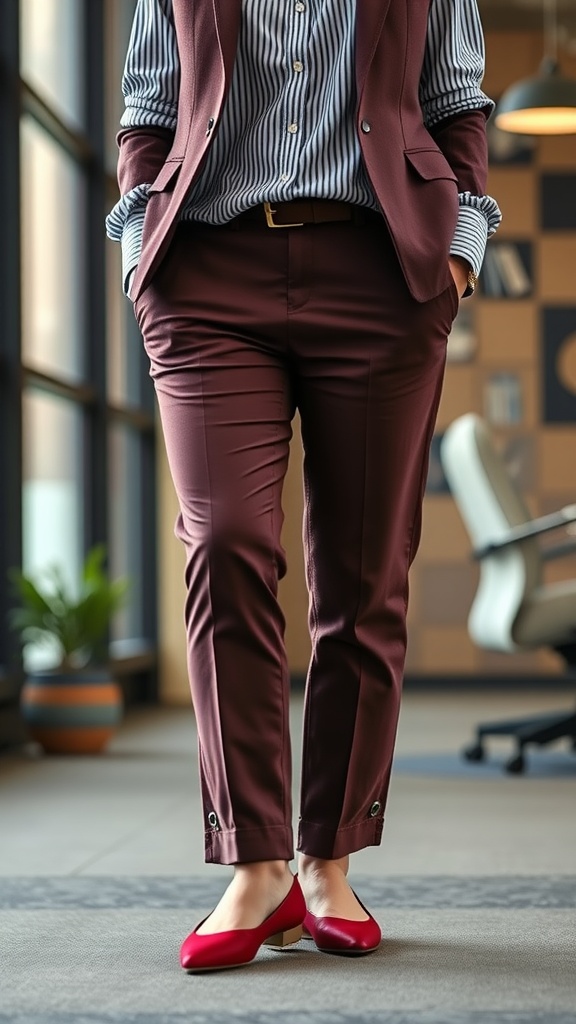 A person wearing classic chinos and trendy red flats with a striped shirt and vest.
