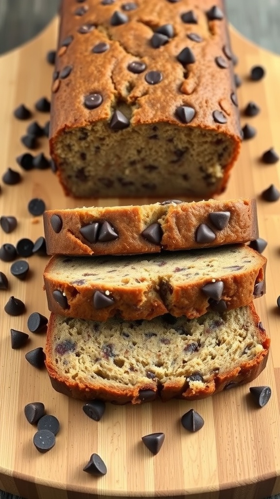 Sliced chocolate chip banana bread on a wooden board with chocolate chips scattered around.