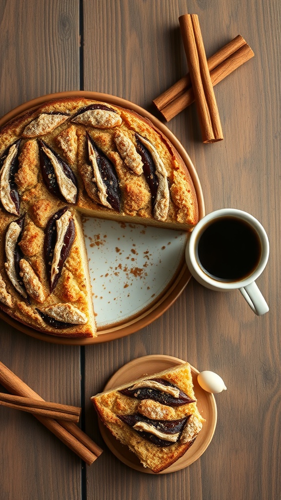 A slice of classic cinnamon streusel coffee cake with a cup of coffee on the side.