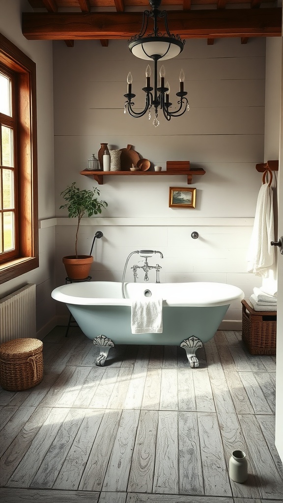 A classic clawfoot bathtub in a farmhouse bathroom with wooden beams and natural decor.