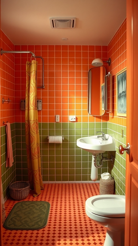 A vibrant 70s style bathroom featuring orange tiles, green accents, and a checkered floor.