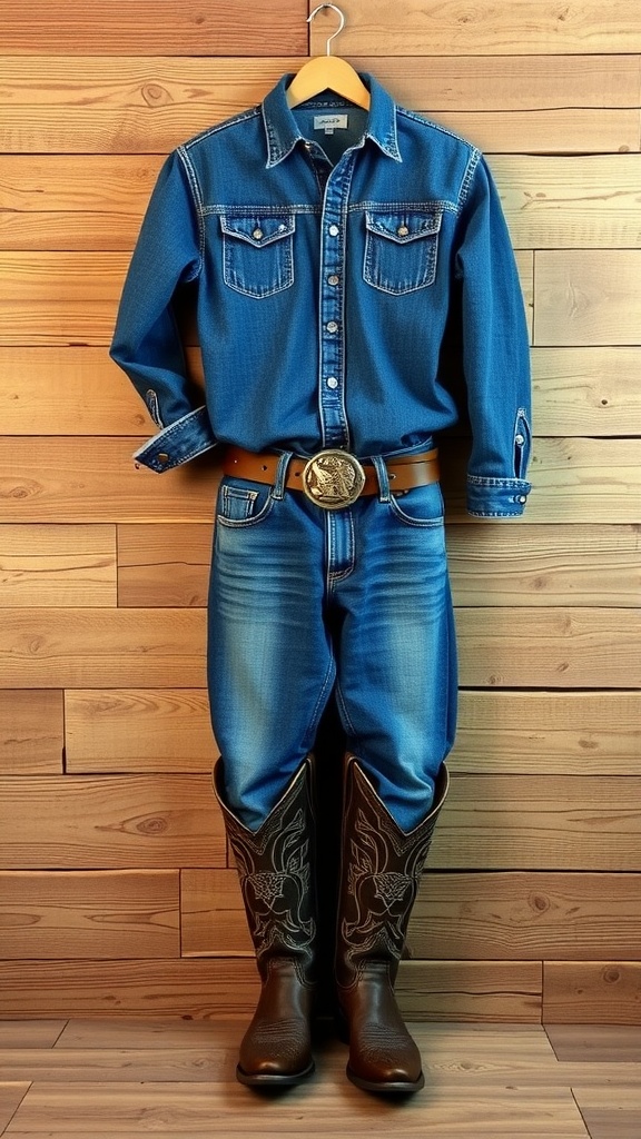 A classic cowboy outfit featuring a denim shirt, jeans, a belt, and intricately designed brown cowboy boots, hanging against a wooden background.