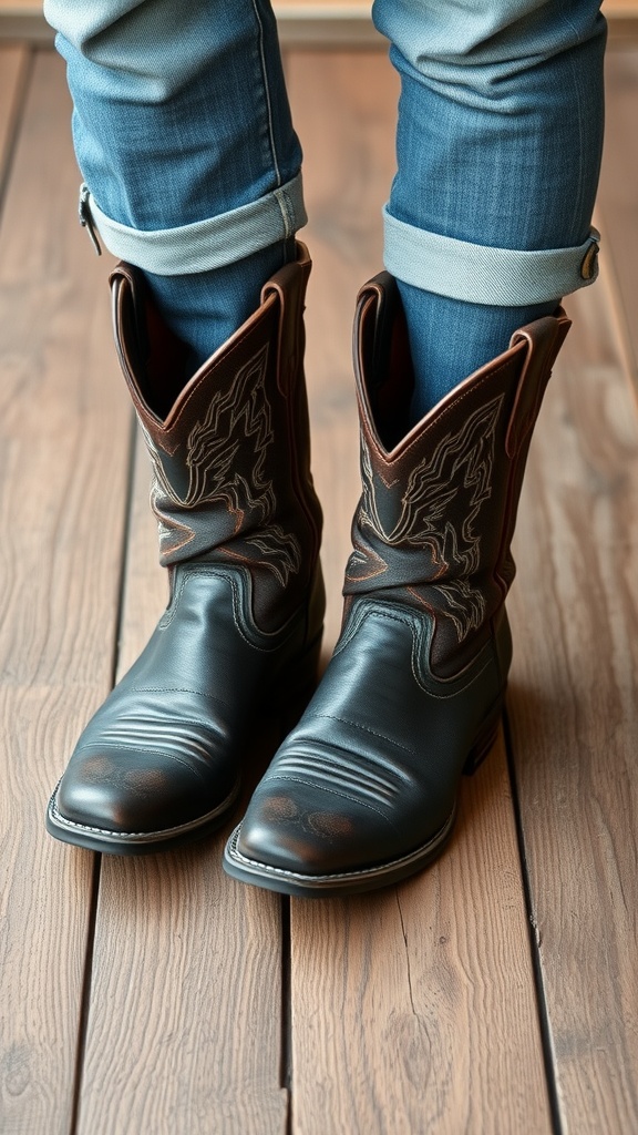 Close-up of cowboy boots paired with rolled-up denim jeans on wooden flooring.