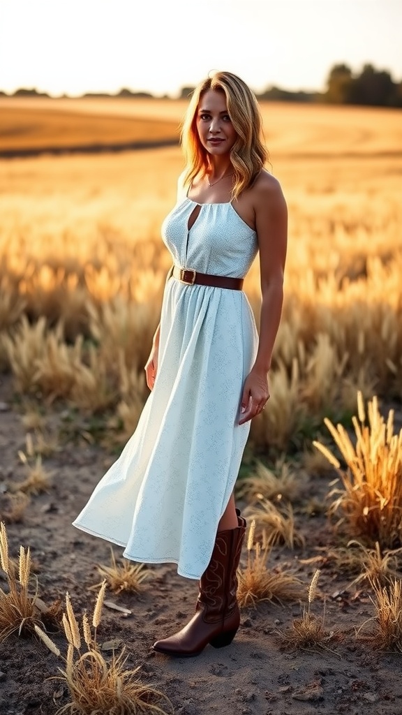 A woman wearing a light dress and brown cowboy boots, standing in a field.