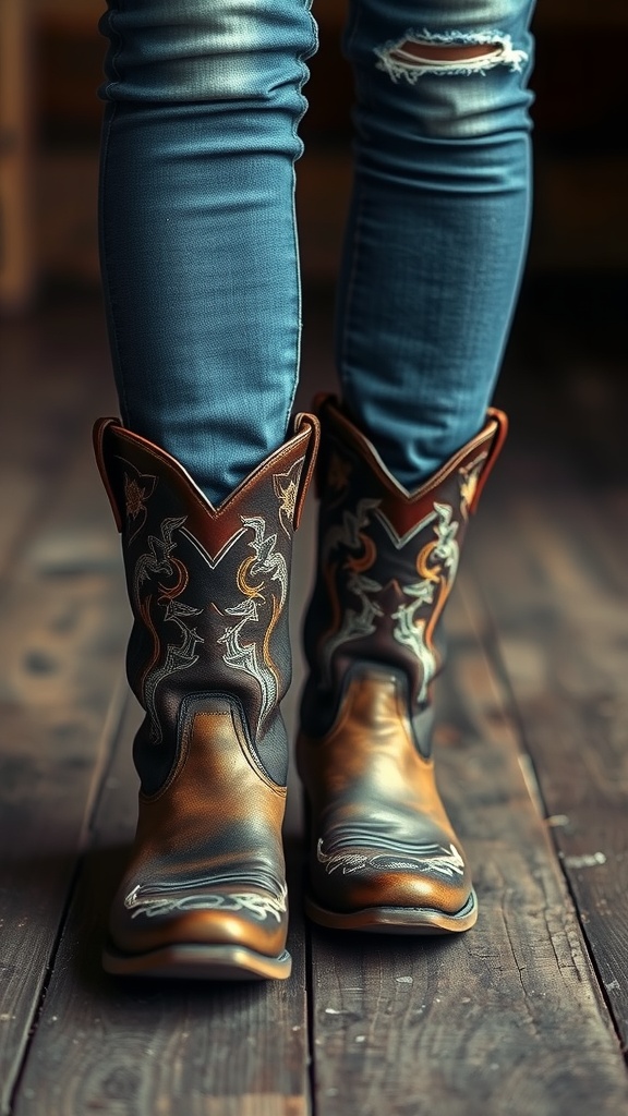 Close-up view of cowboy boots paired with distressed jeans on a wooden floor.