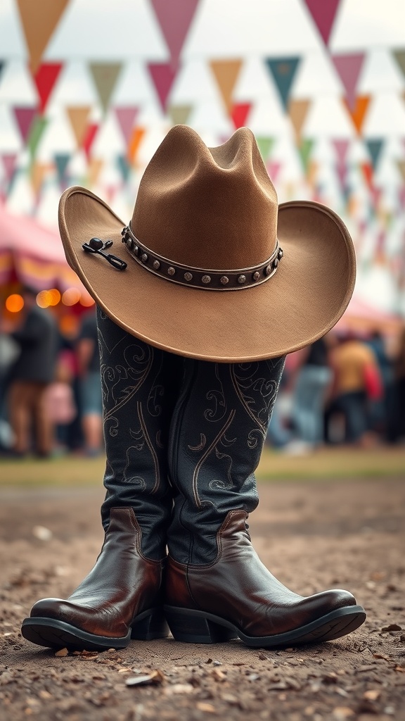 A cowboy hat placed on top of a pair of stylish cowboy boots, with colorful festival decorations in the background.