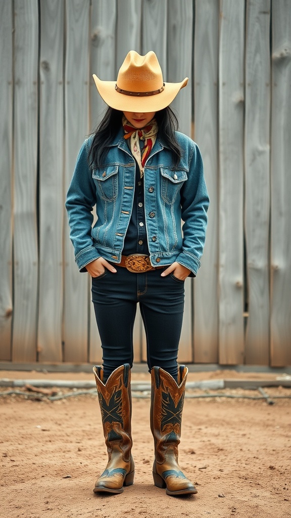 A person wearing a denim jacket, black vest, bandana, and cowboy boots, standing in front of wooden planks.