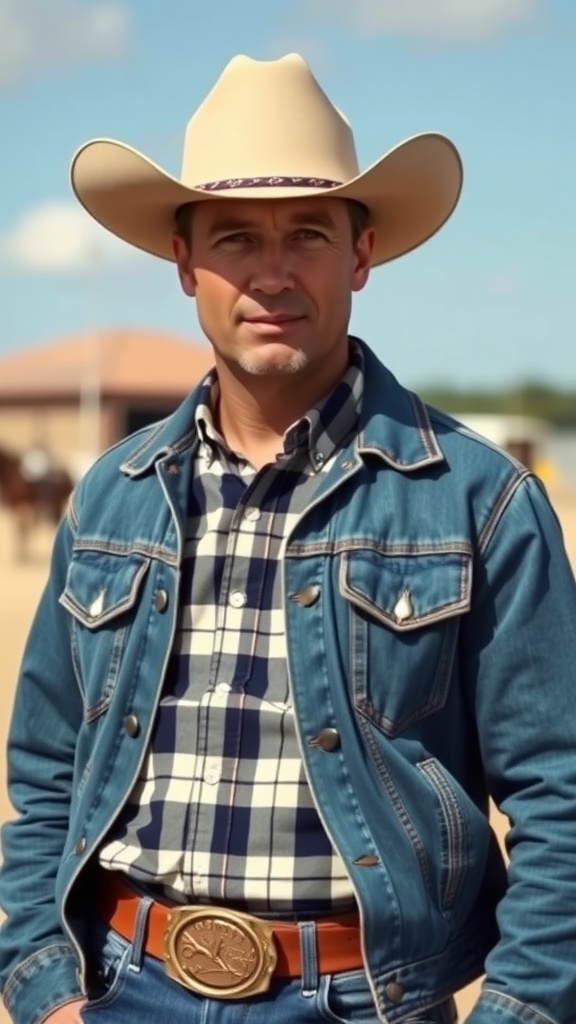 A man in a denim jacket and plaid shirt wearing a cowboy hat, showcasing a classic cowboy look.