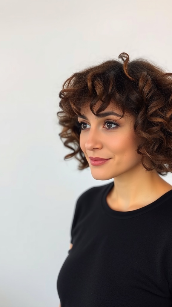 A woman with a classic curly bob hairstyle, smiling softly.