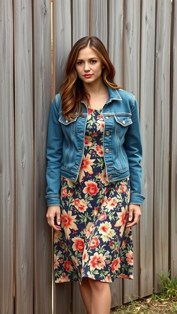 A woman wearing a denim jacket over a floral dress, standing against a wooden fence.