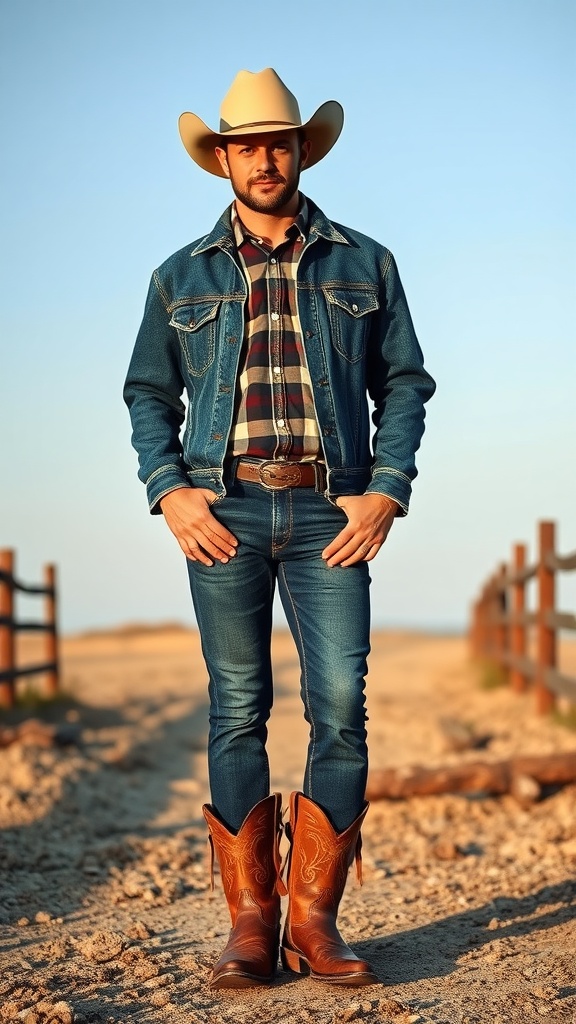 A man wearing a classic denim jacket, plaid shirt, cowboy hat, and brown cowboy boots, standing in a western-style setting.