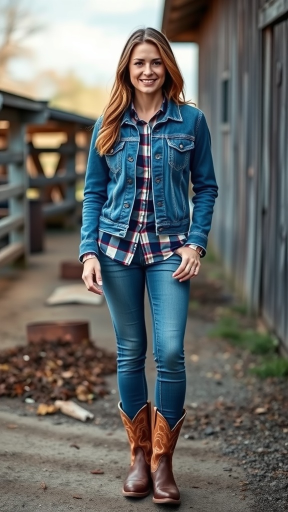 A woman wearing a denim jacket, plaid shirt, skinny jeans, and cowboy boots, standing in a rustic outdoor setting.
