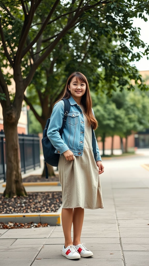 A student wearing a denim jacket over a beige dress, standing outdoors with a backpack.