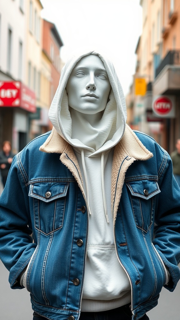 A mannequin wearing a classic denim jacket over a hoodie in a street setting.