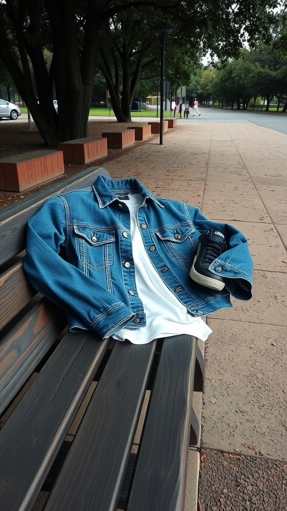 A denim jacket laid on a bench with a white t-shirt underneath and a sneaker beside it.