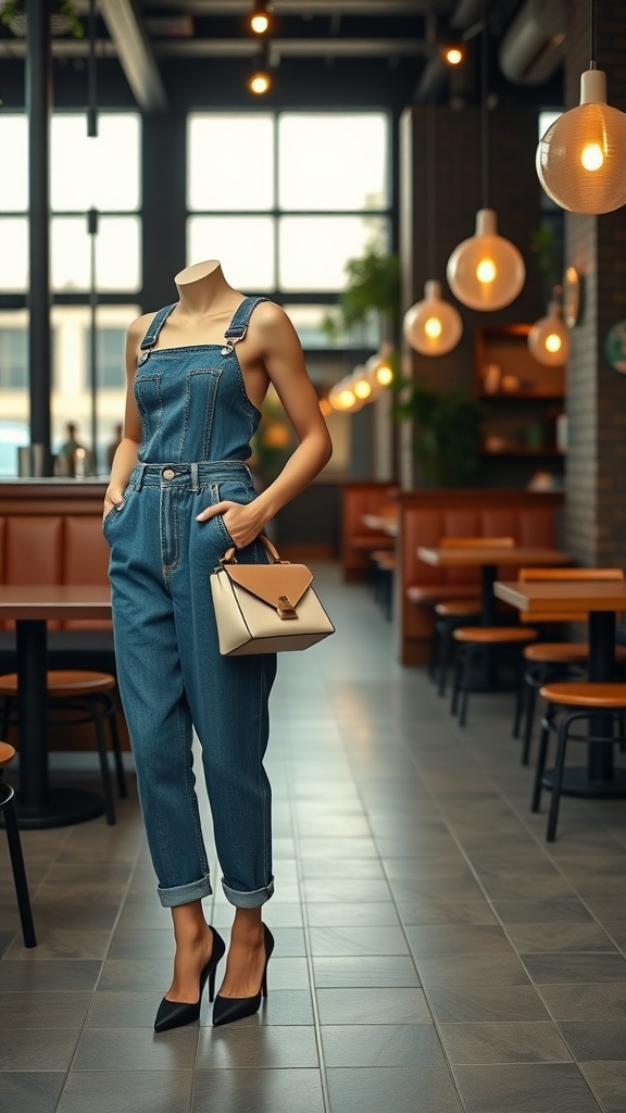 A mannequin showcasing a classic denim jumpsuit with rolled cuffs, paired with black heels and a stylish handbag, set in a modern café.