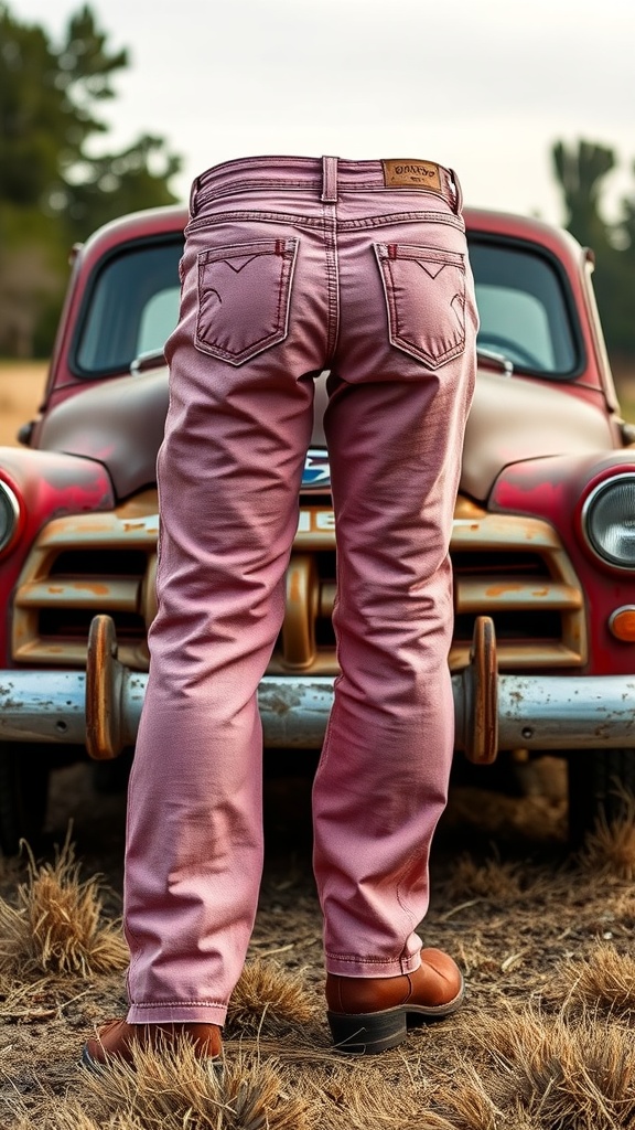 A pair of pink western jeans styled in front of a vintage truck