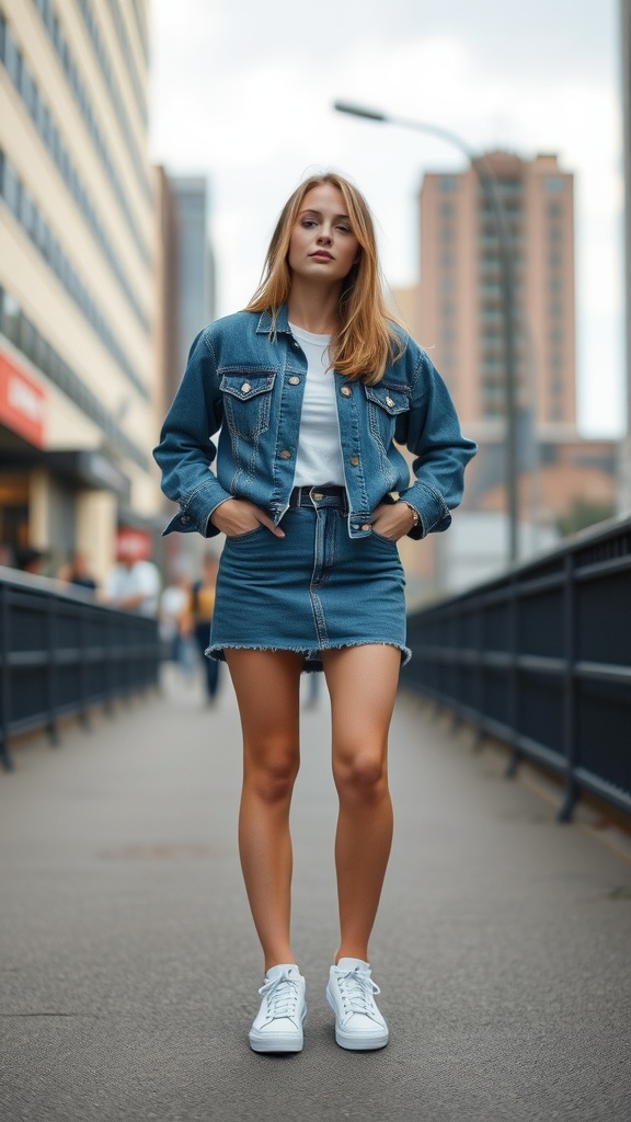 A young woman wearing a denim jacket and a short denim skirt, standing in an urban setting.
