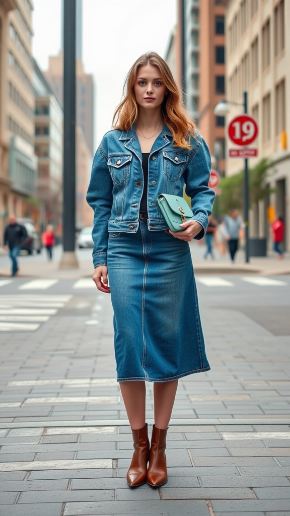 A woman in a denim jacket and skirt, standing on a city street with a mint green bag and brown ankle boots.
