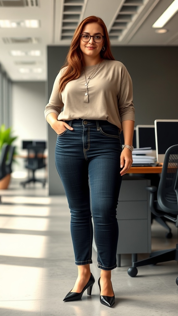A plus-size woman wearing a business casual outfit with dark jeans and a neutral top, standing in an office environment.
