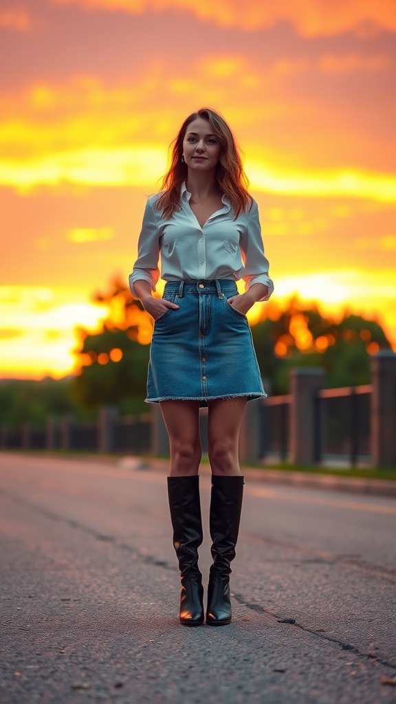 Woman wearing a denim skirt with a white shirt and black knee-high boots standing on a road at sunset.