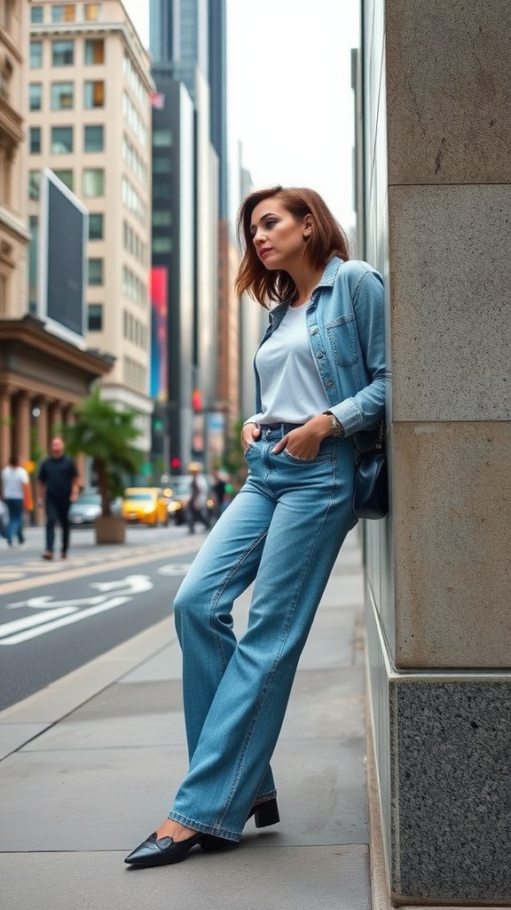 A person in a denim jacket and high-waisted jeans standing against a wall in an urban setting.