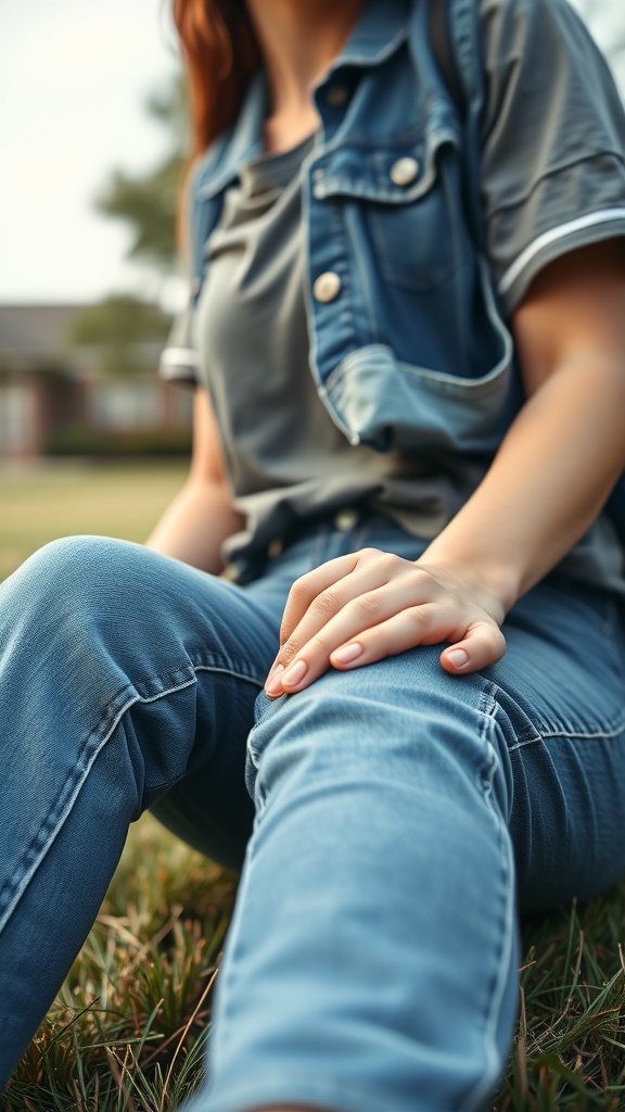 A casual student sitting on grass wearing denim jeans and a vest