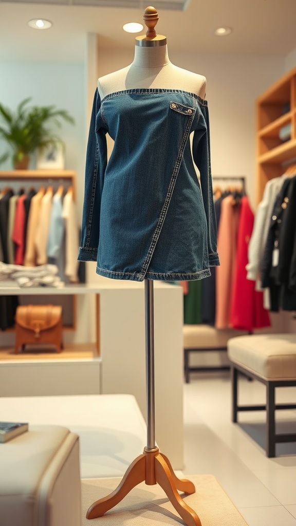 A classic denim wrap skirt displayed on a mannequin in a boutique setting.