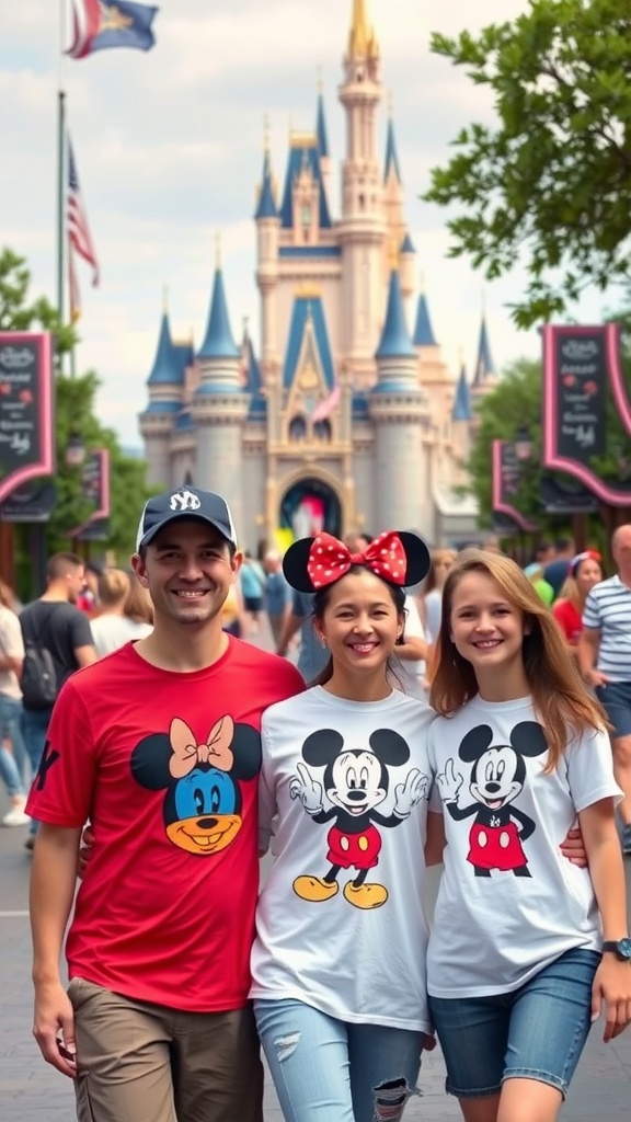 A family wearing matching Disney character t-shirts in front of a castle.