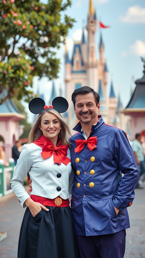 A couple dressed as classic Disney characters, with the woman in a Minnie Mouse-inspired outfit and the man in a Mickey Mouse-inspired outfit, set against a Disney castle backdrop.