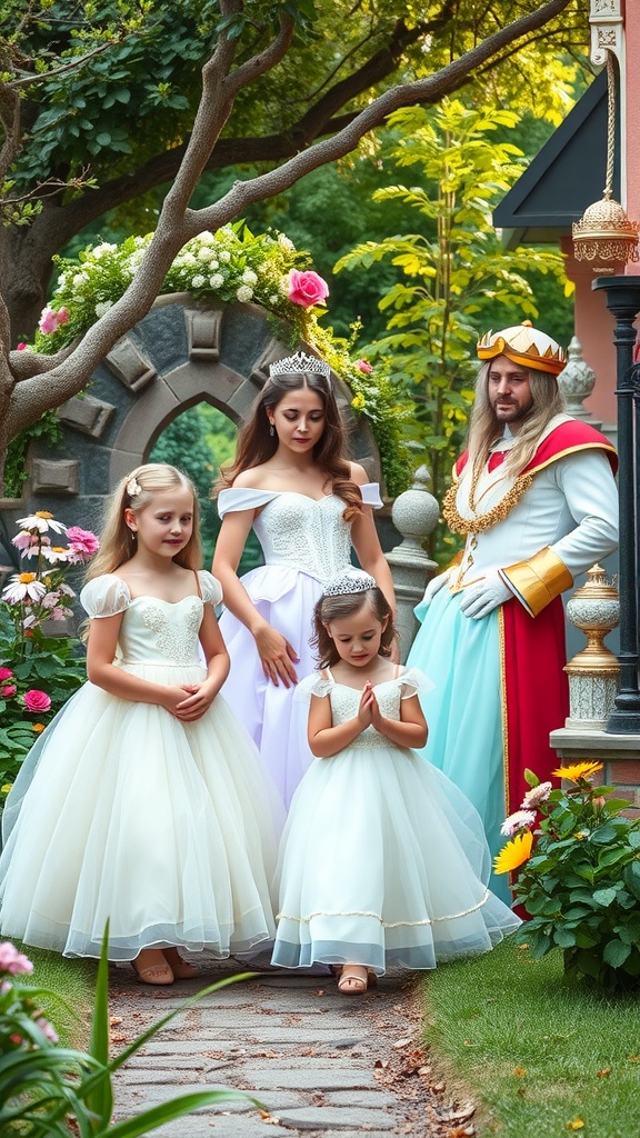 Three young girls in princess dresses standing in a garden, with a man dressed as a prince nearby.