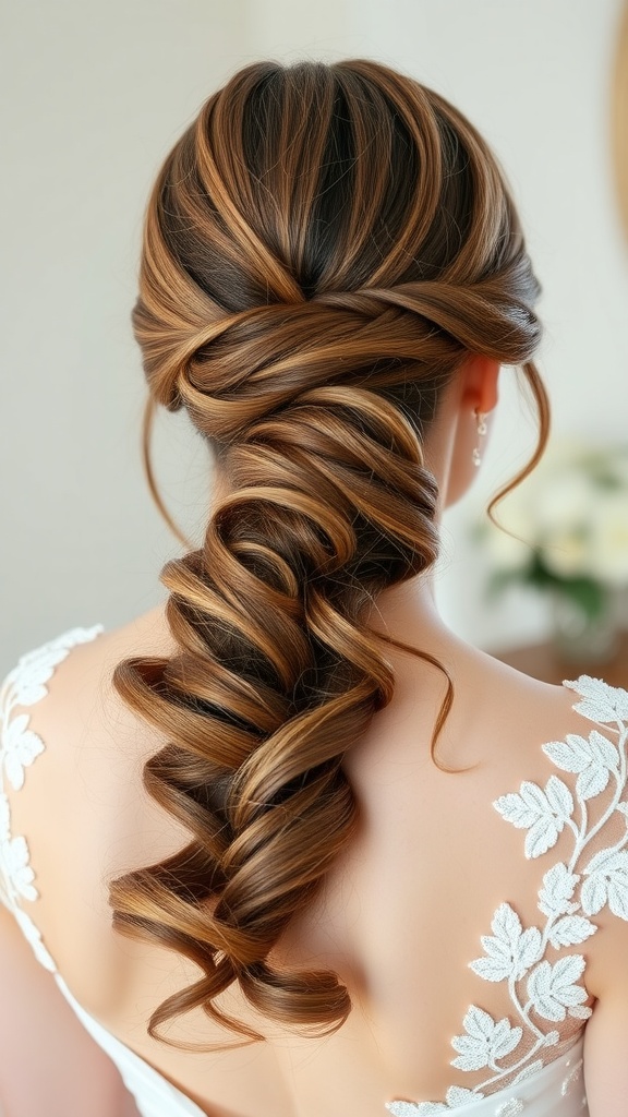 A bride's classic down hairstyle with a side part, featuring beautiful flowing curls.