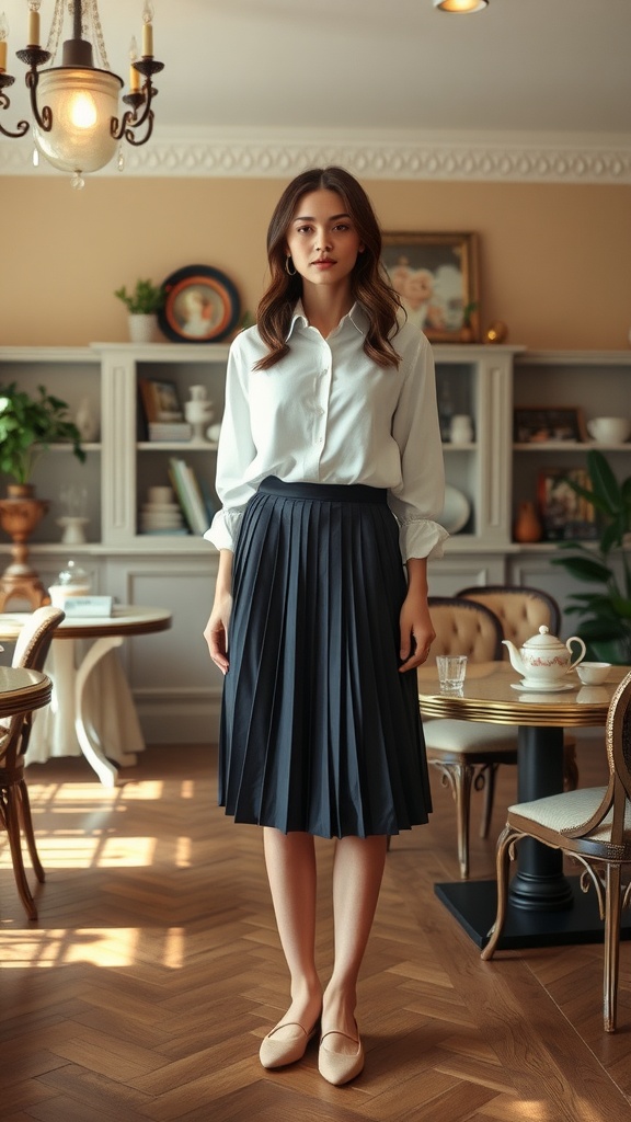 A woman in a navy pleated skirt and white shirt standing elegantly in a cozy indoor setting.