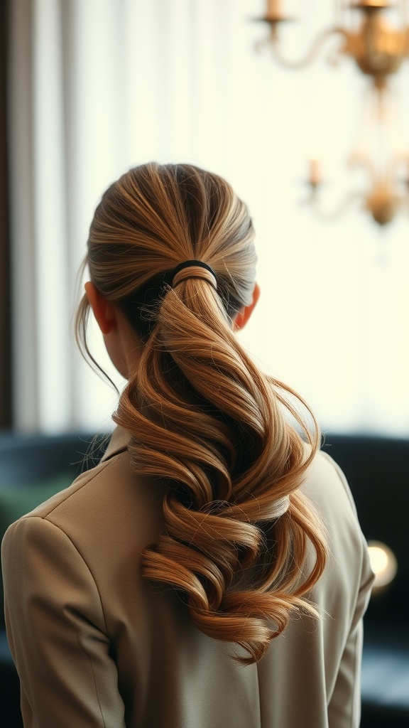 A woman with a classic elegant ponytail featuring soft waves, dressed in a blazer.