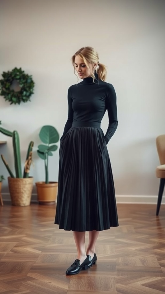 A woman wearing a black turtleneck and a pleated midi skirt in a modern interior.