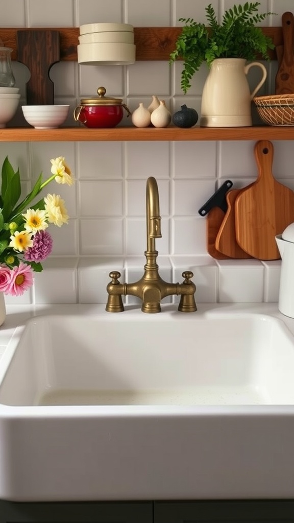 A classic farmhouse kitchen sink with a brass faucet, surrounded by kitchenware and flowers on open shelves.