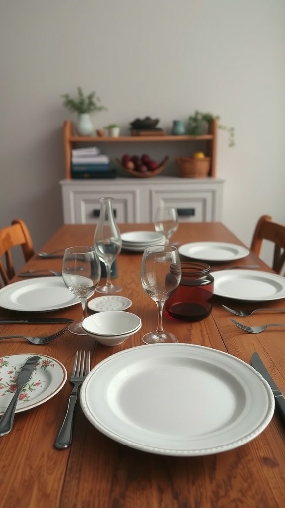 A classic farmhouse table setting featuring white plates, glassware, and a rustic wooden table.