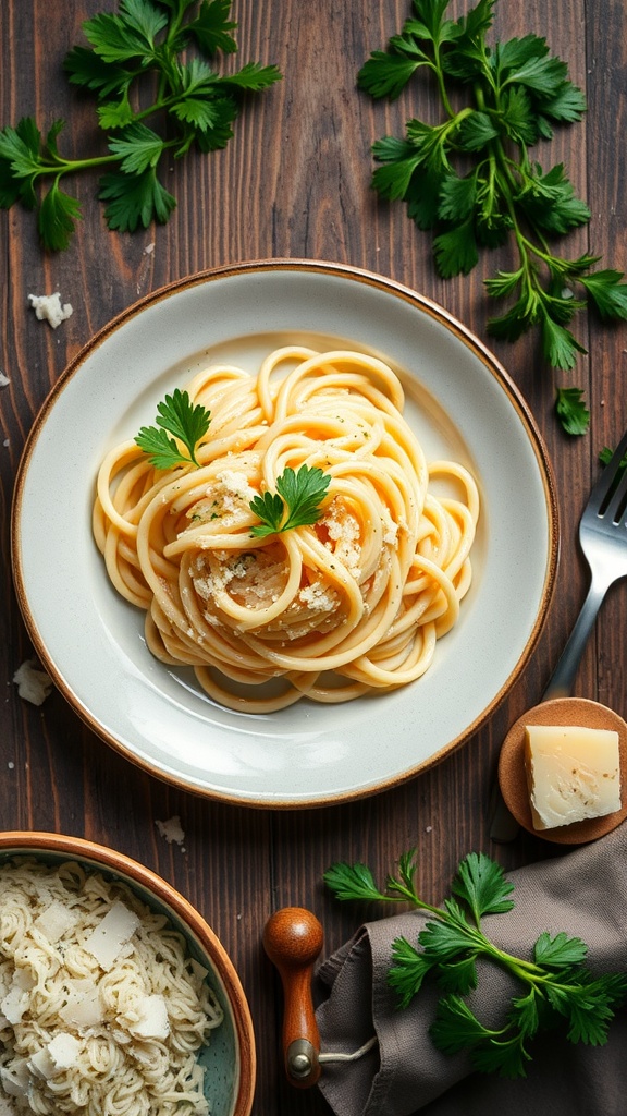 A plate of classic fettuccine alfredo pasta with a creamy sauce and garnished with parsley.