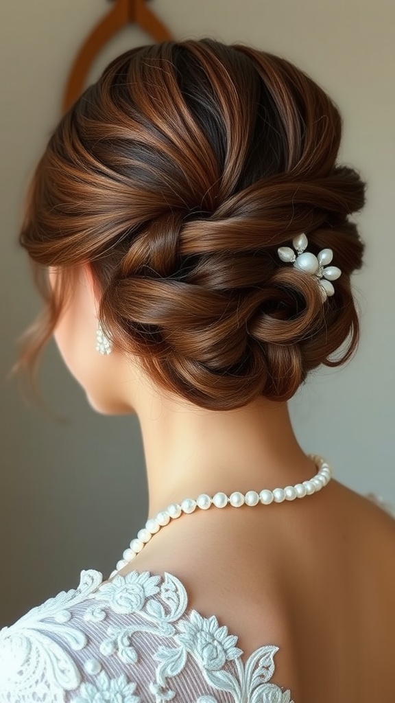 A close-up view of a wedding hairstyle featuring elegant finger waves, adorned with a decorative hair accessory.