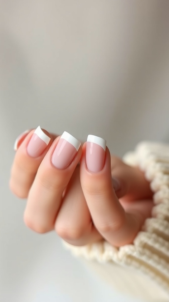 Close-up of almond-shaped nails with classic French manicure design featuring pink base and white tips